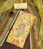 Manvaa women's yellow unstitched thread sequnce work organza dress material 