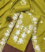 Manvaa women's olive green unstitched thread embroidery parampara cotton dress material 