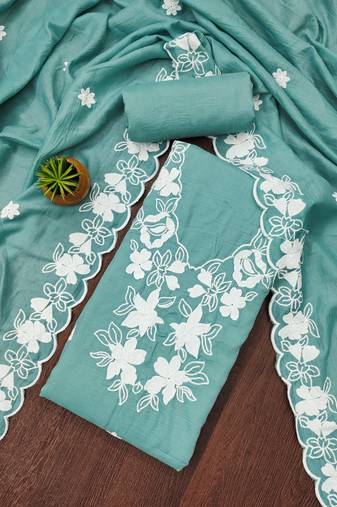 Manvaa women's sea green unstitched thread embroidery parampara cotton dress material 