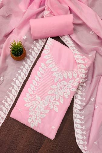 Manvaa women's baby pink unstitched thread embroidery parampara cotton dress material 