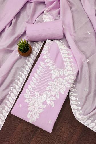 Manvaa women's levender unstitched thread embroidery parampara cotton dress material 