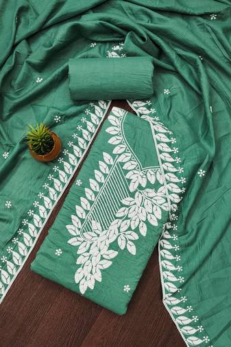 Manvaa women's light green unstitched thread embroidery parampara cotton dress material 