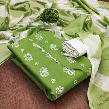 Manvaa women's green designer printed top cotton slub dress material 1