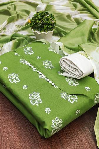 Manvaa women's green unstitched designer printed top cotton slub dress material 