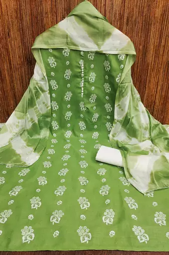 Manvaa women's green designer printed top cotton slub dress material
