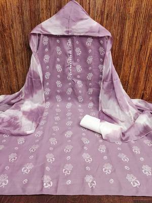 Manvaa women's purple designer printed top cotton slub dress material 3