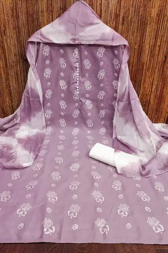 Manvaa women's purple designer printed top cotton slub dress material