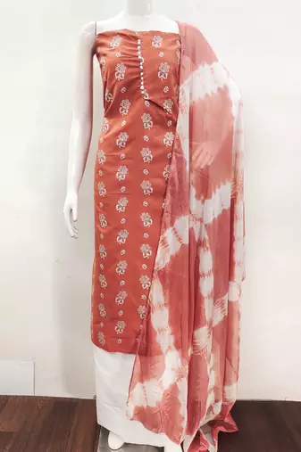 Manvaa women's rust designer printed top cotton slub dress material
