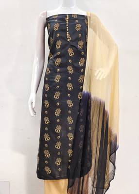 Manvaa women's black designer printed top cotton slub dress material 2