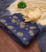 Manvaa women's navy blue unstitched designer printed top cotton slub dress material