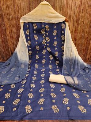 Manvaa women's navy blue designer printed top cotton slub dress material 3