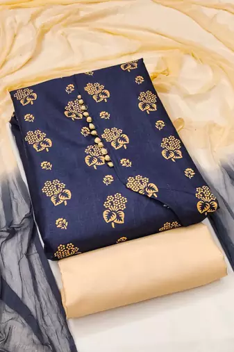 Manvaa women's navy blue designer printed top cotton slub dress material