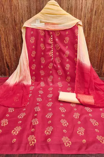 Manvaa women's pink designer printed top cotton slub dress material