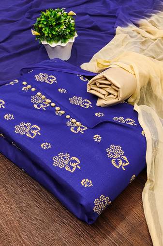 Manvaa women's royal blue unstitched designer printed top cotton slub dress material 