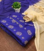 Manvaa women's royal blue designer printed top cotton slub dress material