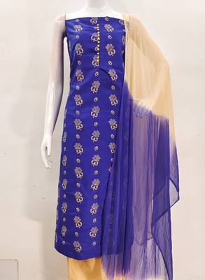 Manvaa women's royal blue designer printed top cotton slub dress material 2