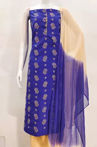 Manvaa women's royal blue designer printed top cotton slub dress material