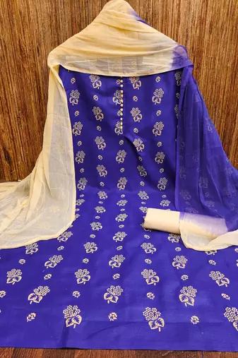 Manvaa women's royal blue designer printed top cotton slub dress material
