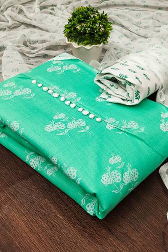 Manvaa women's light green unstitched designer printed top cotton slub dress material 