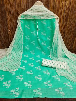 Manvaa women's light green designer printed top cotton slub dress material 3