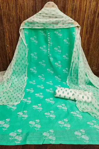 Manvaa women's light green designer printed top cotton slub dress material