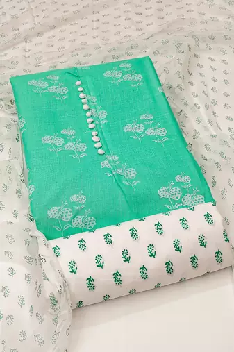 Manvaa women's light green designer printed top cotton slub dress material