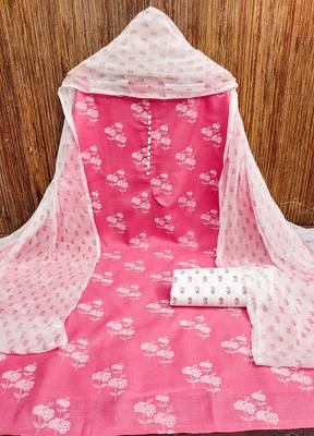 Manvaa women's pink designer printed top cotton slub dress material 3