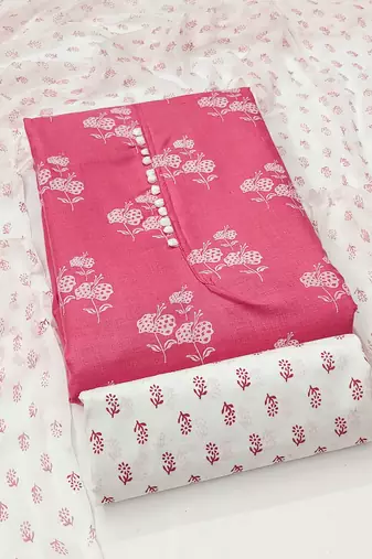 Manvaa women's pink designer printed top cotton slub dress material
