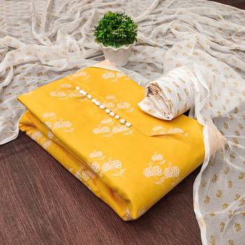 Manvaa women's yellow designer printed top cotton slub dress material 1