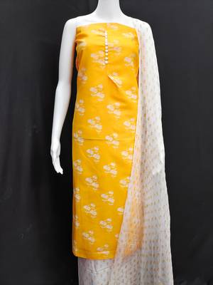 Manvaa women's yellow designer printed top cotton slub dress material 2