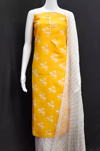 Manvaa women's yellow designer printed top cotton slub dress material