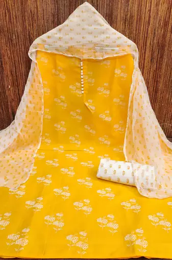 Manvaa women's yellow designer printed top cotton slub dress material