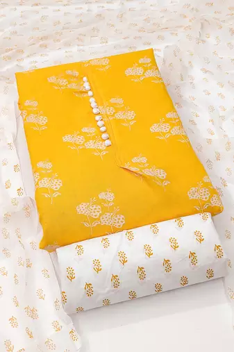 Manvaa women's yellow designer printed top cotton slub dress material