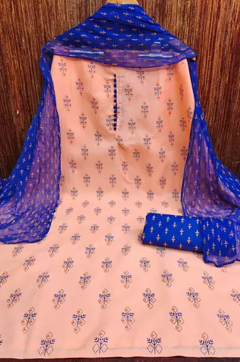 Manvaa women's peach designer printed top cotton slub dress material