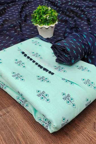 Manvaa women's sea green unstitched designer printed top cotton slub dress material 