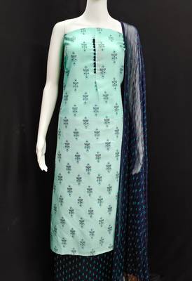 Manvaa women's sea green designer printed top cotton slub dress material 2