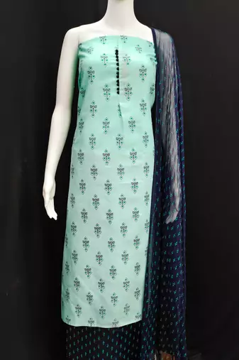 Manvaa women's sea green designer printed top cotton slub dress material