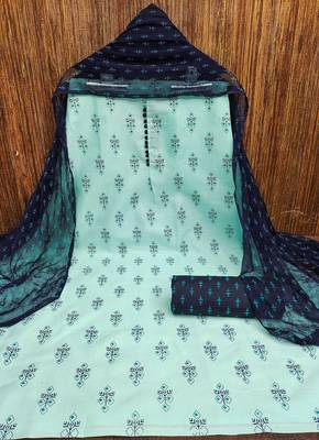 Manvaa women's sea green designer printed top cotton slub dress material 3