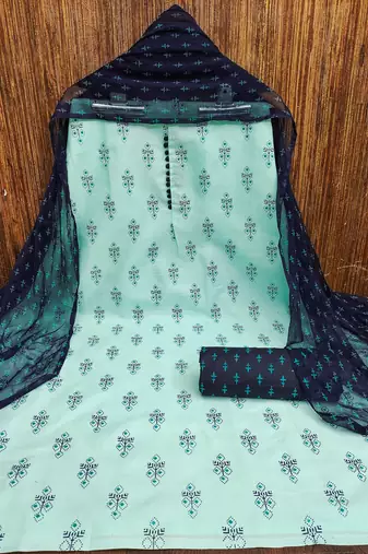 Manvaa women's sea green designer printed top cotton slub dress material
