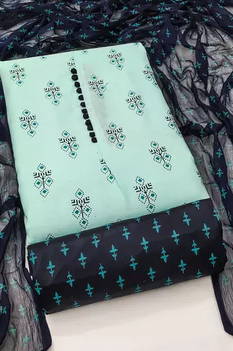 Manvaa women's sea green designer printed top cotton slub dress material