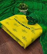 Manvaa women's yellow designer printed top cotton slub dress material