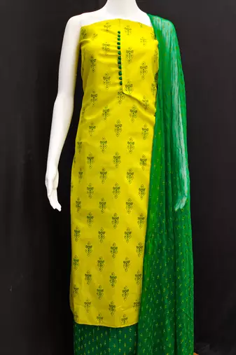 Manvaa women's yellow designer printed top cotton slub dress material