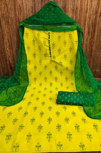 Manvaa women's yellow designer printed top cotton slub dress material