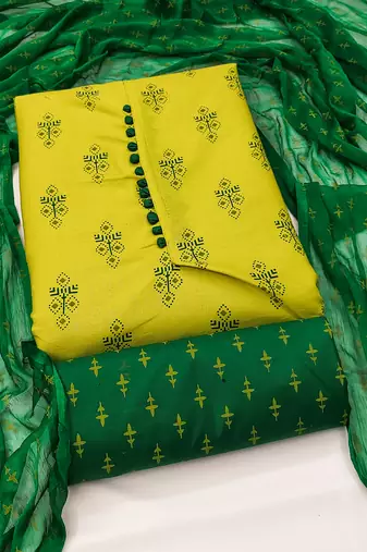 Manvaa women's yellow designer printed top cotton slub dress material