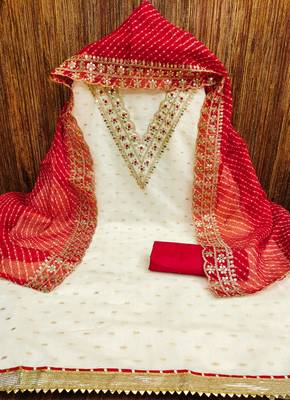 Manvaa women's white fancy neck and royal border modal buti dress material 2
