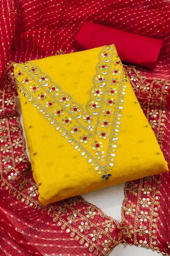 Manvaa women's yellow unstitched royal border modal buti dress material 