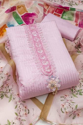 Manvaa women's pink unstitched sequence embroidery premium roman silk dress material 