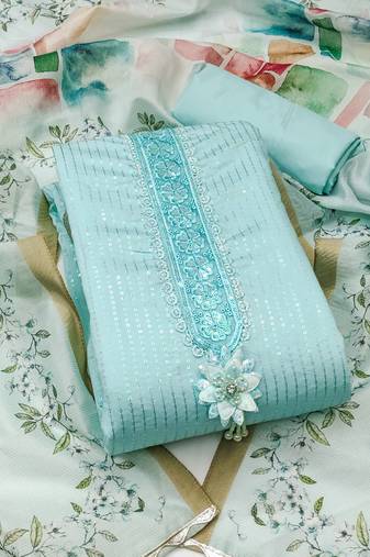 Manvaa women's sea green unstitched sequence premium roman silk dress material 