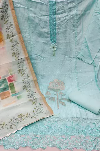 Manvaa women's sea green sequence premium roman silk dress material