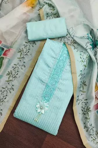 Manvaa women's sea green sequence premium roman silk dress material